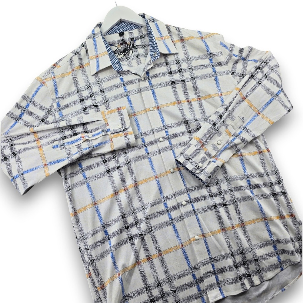 Scully Mens Large White Paisley Grid Western Snap Long Sleeve Cotton Shirt PS305